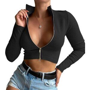 Shirts Women Black Long Sleeve Turtleneck Ribbed Crop Top Zipper Sexy